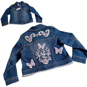 Childrens Place DENIM JACKET Girls 4T Butterfly Beaded Pearl Pink Blue Jean Coat